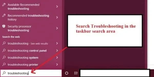 Search Troubleshooting in Taskbar Search Area